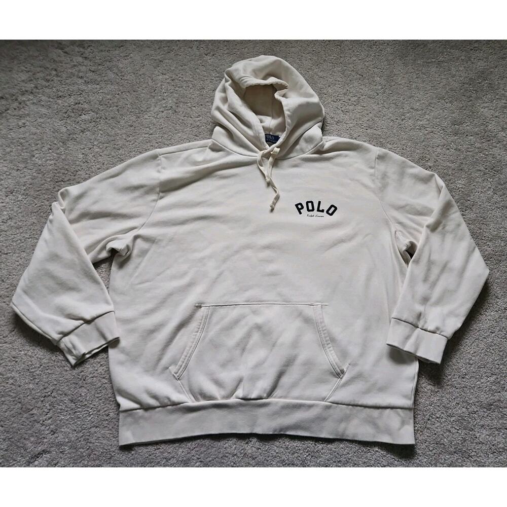 Polo Ralph Lauren Cream Fleece Hoodie Pullover Men's XXL Logo Drawstring